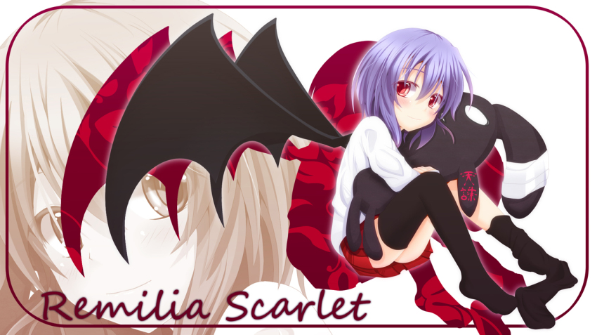 1girl, alternate_costume, bat_wings, black_thighhighs, blue_hair, blush, character_name, female_focus, ghost_okada, looking_at_viewer, missing_headwear, no_headwear, red_eyes, remilia_scarlet, smile, solo, stuffed_animal, stuffed_rabbit, stuffed_toy, thighhighs, touhou, wings, zoom_layer