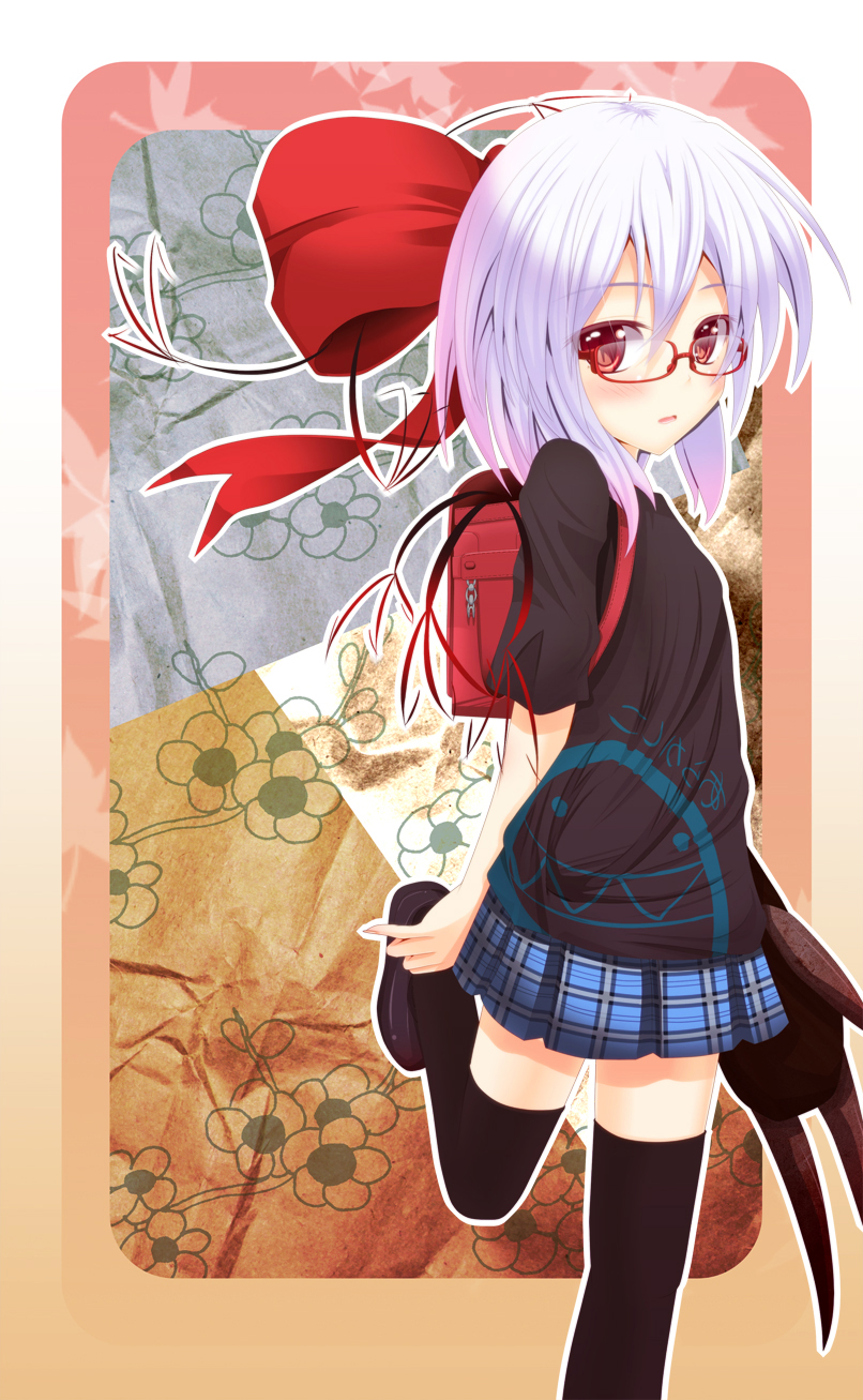 1girl, backpack, bag, black_thighhighs, blue_hair, blush, female_focus, ghost_okada