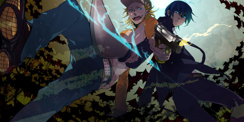 2boys, anbiento, bad_id, bad_pixiv_id, blonde_hair, blue_eyes, blue_hair, fang