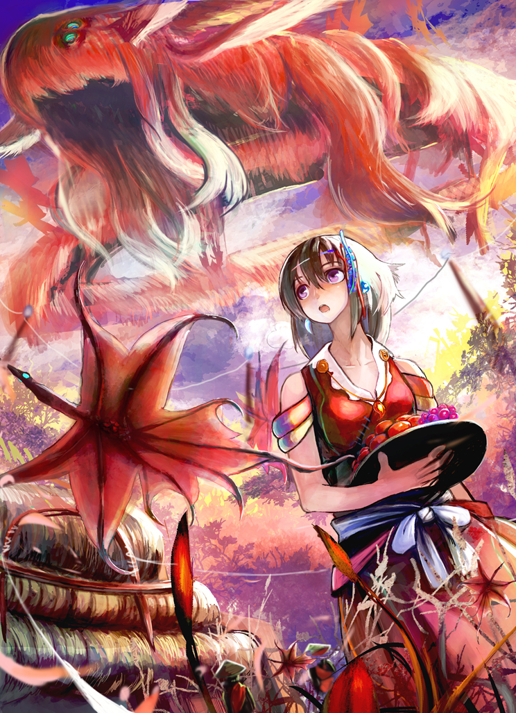 1girl, earrings, flower, food, fruit, grey_hair, hair_ornament, jewelry