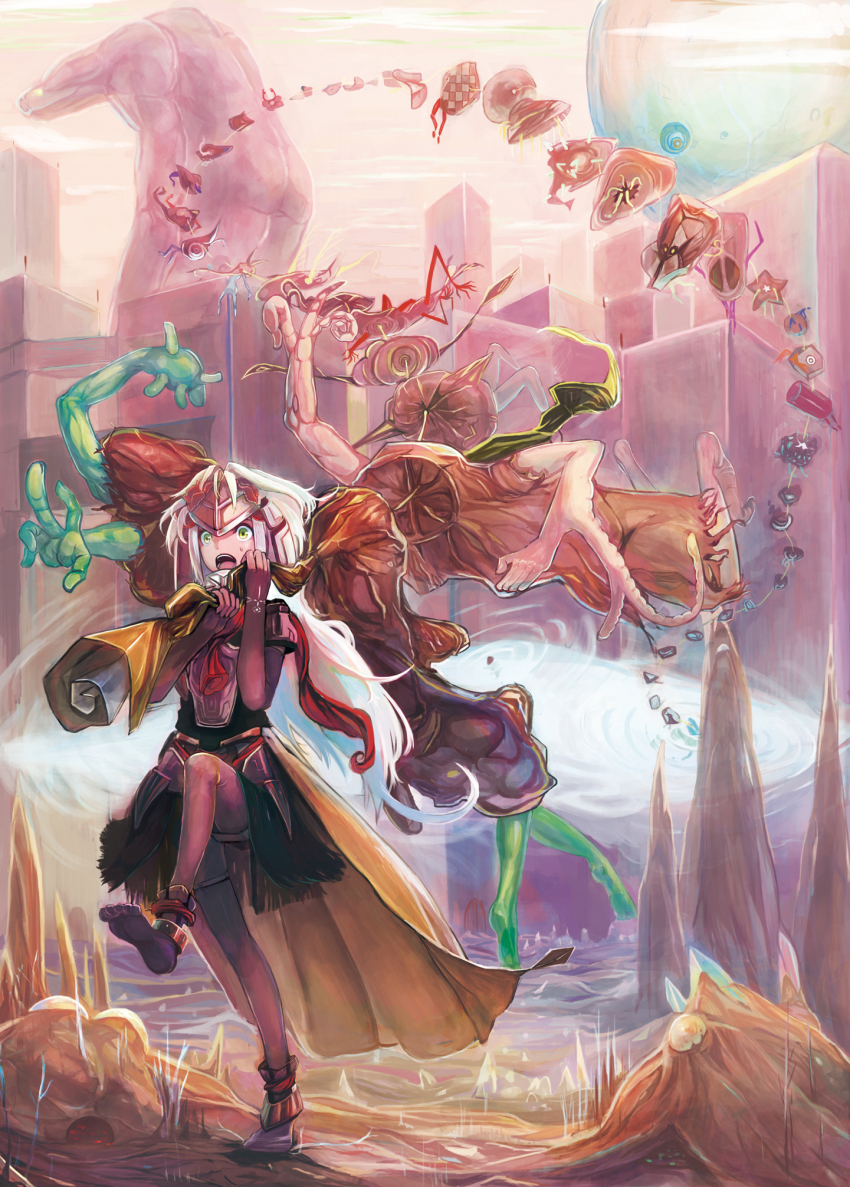 1girl, armor, fingerless_gloves, gloves, green_eyes, helmet, highres, jinichi