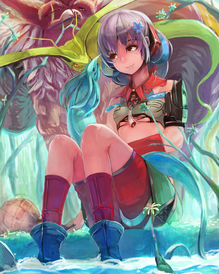 1girl, ankle_boots, bare_shoulders, boots, creature, flower, hair_ornament, jewelry, jinichi, kneehighs, monster, necklace, original, purple_hair, red_eyes, short_hair, shorts, sitting, smile, soaking_feet, socks, water