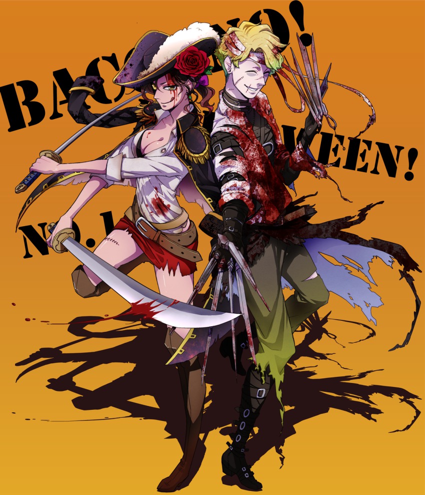 00s, 1boy, 1girl, :p, baccano!, bad_id, bad_pixiv_id, bandages, belt, blonde_hair, blood, breasts, brown_eyes, choker, cleavage, closed_eyes, flower, glowing, glowing_eyes, hair_flower, hair_ornament, halloween, hat, heterochromia, highres, katana, long_coat, long_hair, maria_barcelito, nakumonaga_uma, purple_hair, rose, scar, scissors, short_hair, smile, stitches, sword, tick_jefferson, tongue, tongue_out, weapon, yellow_eyes