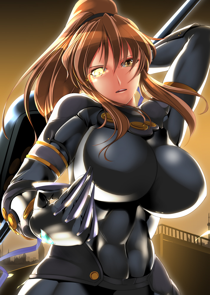 1girl, bodysuit, bowalia, breasts, brown_eyes, brown_hair, claws, female_focus, glowing, glowing_eye, high_ponytail, impossible_clothes, josephine_march_(ourai_no_gahkthun), large_breasts, long_hair, muscular, muscular_female, ourai_no_gahkthun, ponytail, solo, steampunk_(liarsoft)