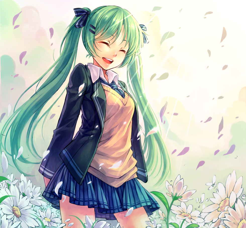 1girl, :d, ^_^, closed_eyes, female_focus, floor, green_hair, hatsune_miku