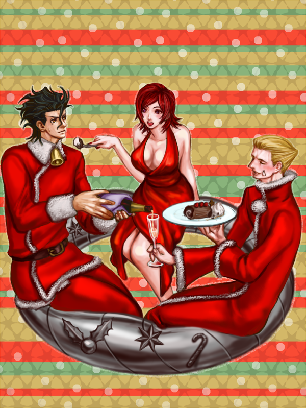 1girl, 2boys, black_hair, blonde_hair, breasts, cake, christmas, cleavage, diarmuid_ua_duibhne_(fate), diarmuid_ua_duibhne_(lancer)_(fate), dress, fate/zero, fate_(series), food, hat, kayneth_archibald_el-melloi, kotobuki_jun, large_breasts, mercury_(element), multiple_boys, red_hair, santa_costume, santa_hat, short_hair, sola-ui_nuada-re_sophia-ri, volumen_hydragyrum_(fate)