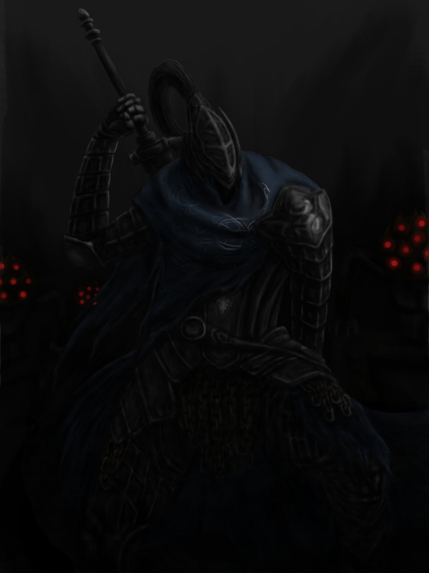 1boy, armor, artorias_the_abysswalker, cape, dark, dark_souls_(series), dark_souls_i, demon, fromsoftware, full_armor, gauntlets, glowing, glowing_eyes, helmet, highres, knight, male_focus, monster, oolacile_resident, red_eyes, sword, weapon