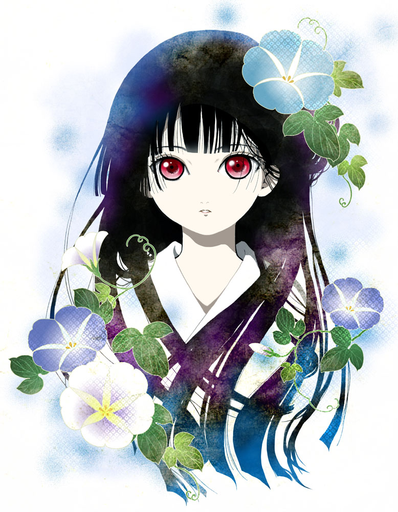 1girl, black_hair, enma_ai, expressionless, eyelashes, female_focus, flower, japanese_clothes