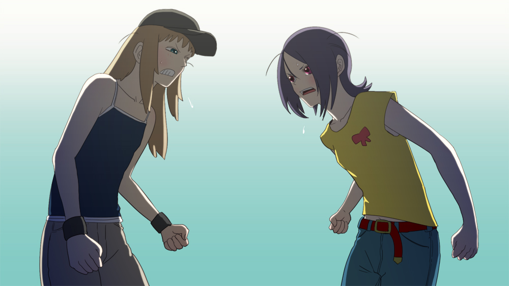 00s, 2girls, ahoge, angry, bad_id, bad_pixiv_id, bare_shoulders, blonde_hair, blush, bracelet, collarbone, green_eyes, hasebe_ai, hat, jewelry, kaminogi_haruka, multiple_girls, nagasawa_shin, noein, purple_hair, red_eyes, screencap, sweat