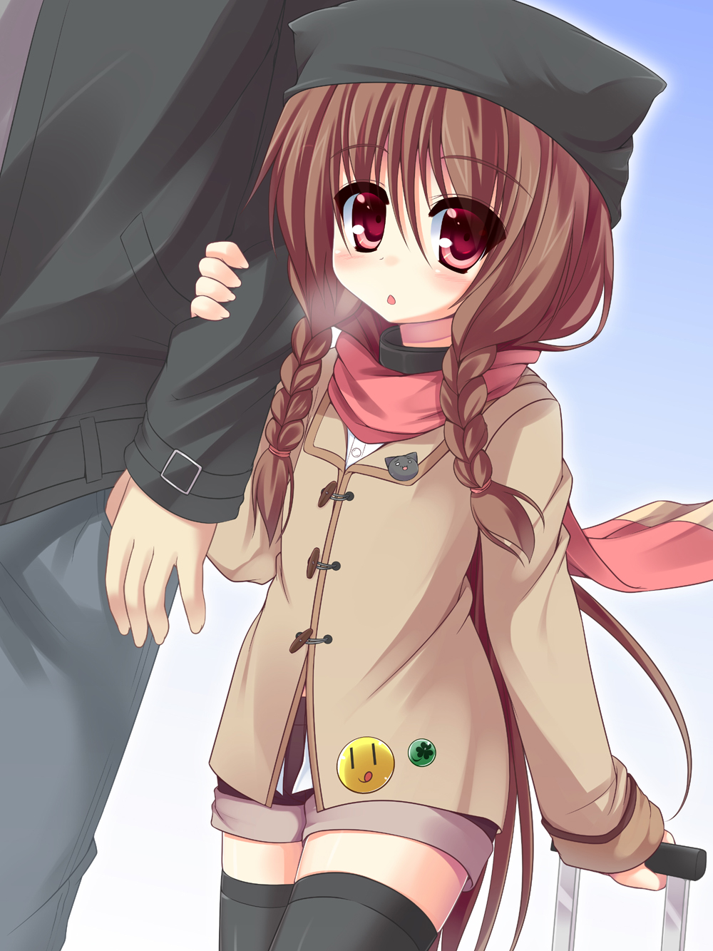 1girl, arm_hug, braid, brown_hair, hat, hetero, highres, long_hair