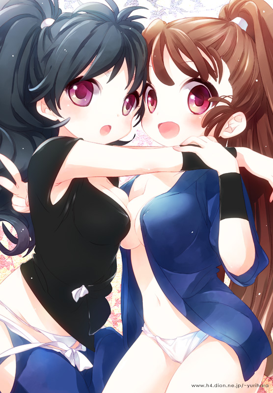 2girls, :d, :o, ayabe_kihachirou, bad_id, bad_pixiv_id, black_hair, blush