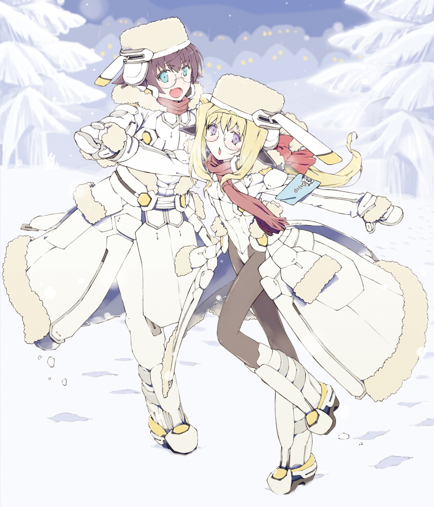 1boy, 1girl, bad_id, bad_pixiv_id, black_pantyhose, blonde_hair, blue_eyes, bodysuit, brown_hair, elf, glasses, hat, highres, holding_hands, hosimo-mo2mo2, kyoukaisenjou_no_horizon, neshinbara_toussaint, pantyhose, pointy_ears, purple_eyes, standing, standing_on_one_leg, thomas_shakespeare