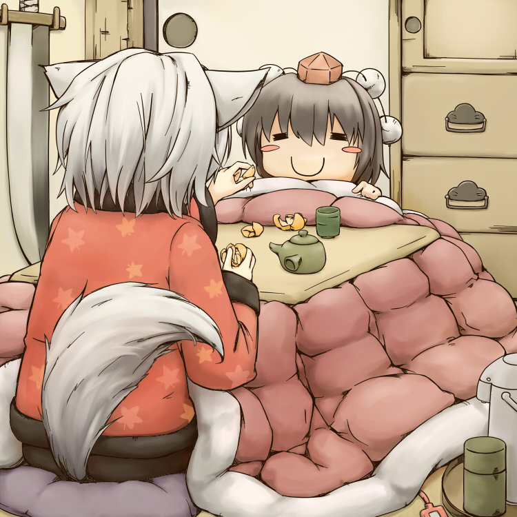 2girls, animal_ears, blush_stickers, c:, cup, closed_eyes, female_focus, food