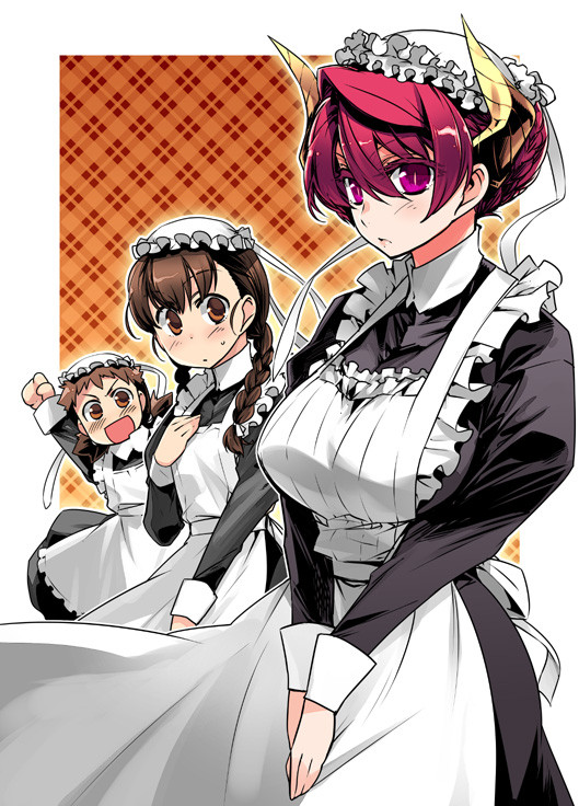 10s, 3girls, alternate_costume, alternate_hairstyle, apron, blush, braid, breasts