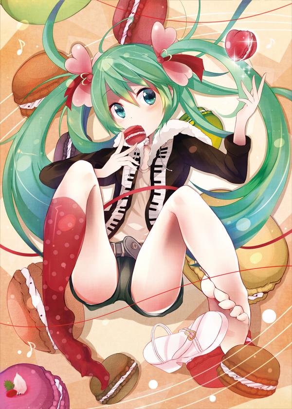 1girl, barefoot, belt, feet, female_focus, food, green_eyes, green_hair