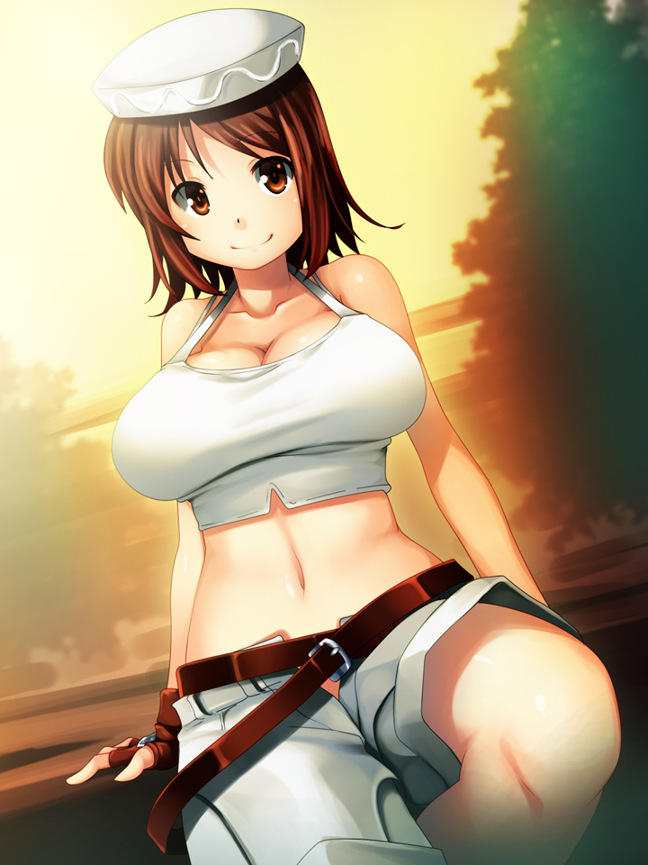 1girl, bare_shoulders, belt, breasts, brown_eyes, brown_hair, cleavage, female_focus