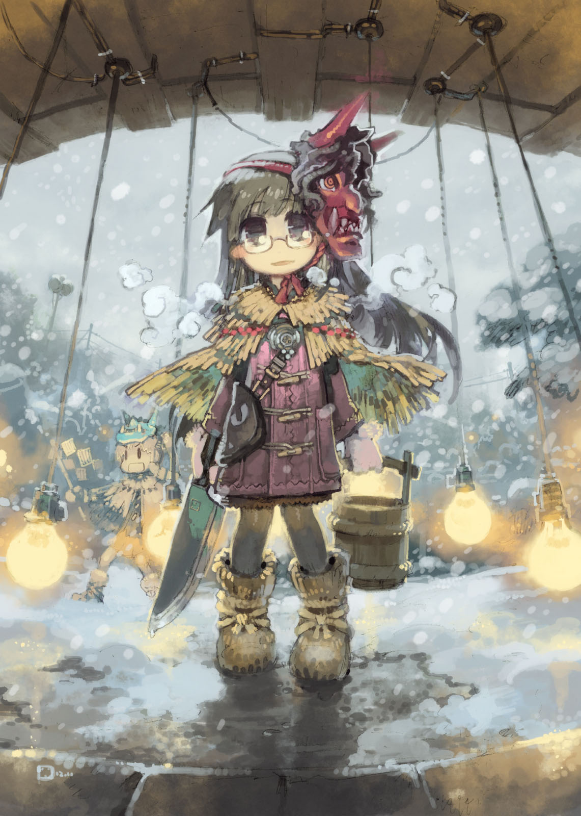 1girl, black_hair, black_pantyhose, blush, boots, breath, bucket, child