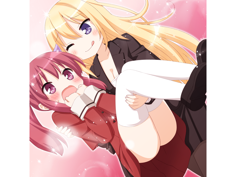 2girls, ;), ;q, black_legwear, blonde_hair, blush, breasts, carrying