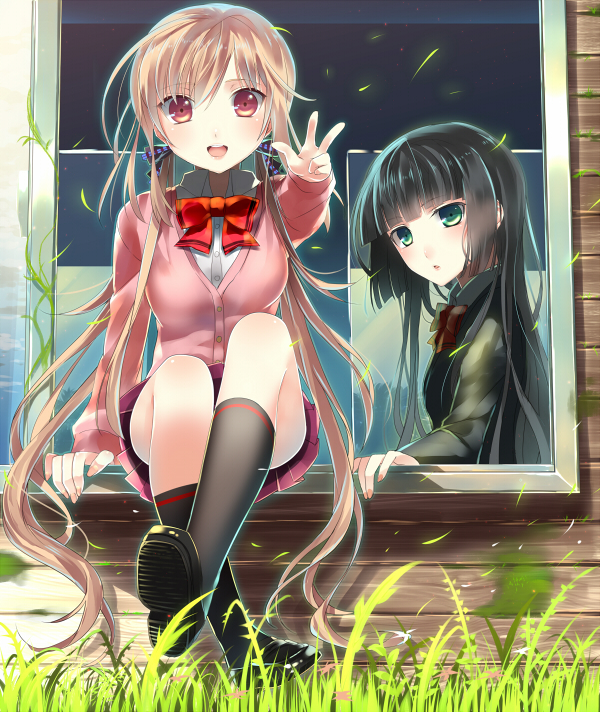 2girls, :d, black_hair, black_socks, blonde_hair, blush, cardigan, grass