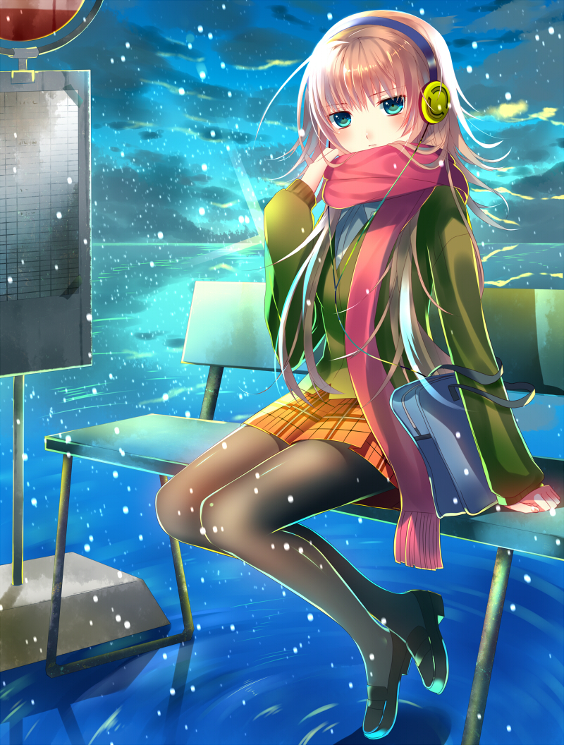 1girl, aqua_eyes, bench, black_pantyhose, blonde_hair, blush, female_focus, full_body, headphones, io_(seiga30025665), io_enishi, long_hair, looking_at_viewer, original, outdoors, pantyhose, plaid_clothes, plaid_skirt, pleated_skirt, red_scarf, ripples, scarf, sitting, skirt, snowing, solo