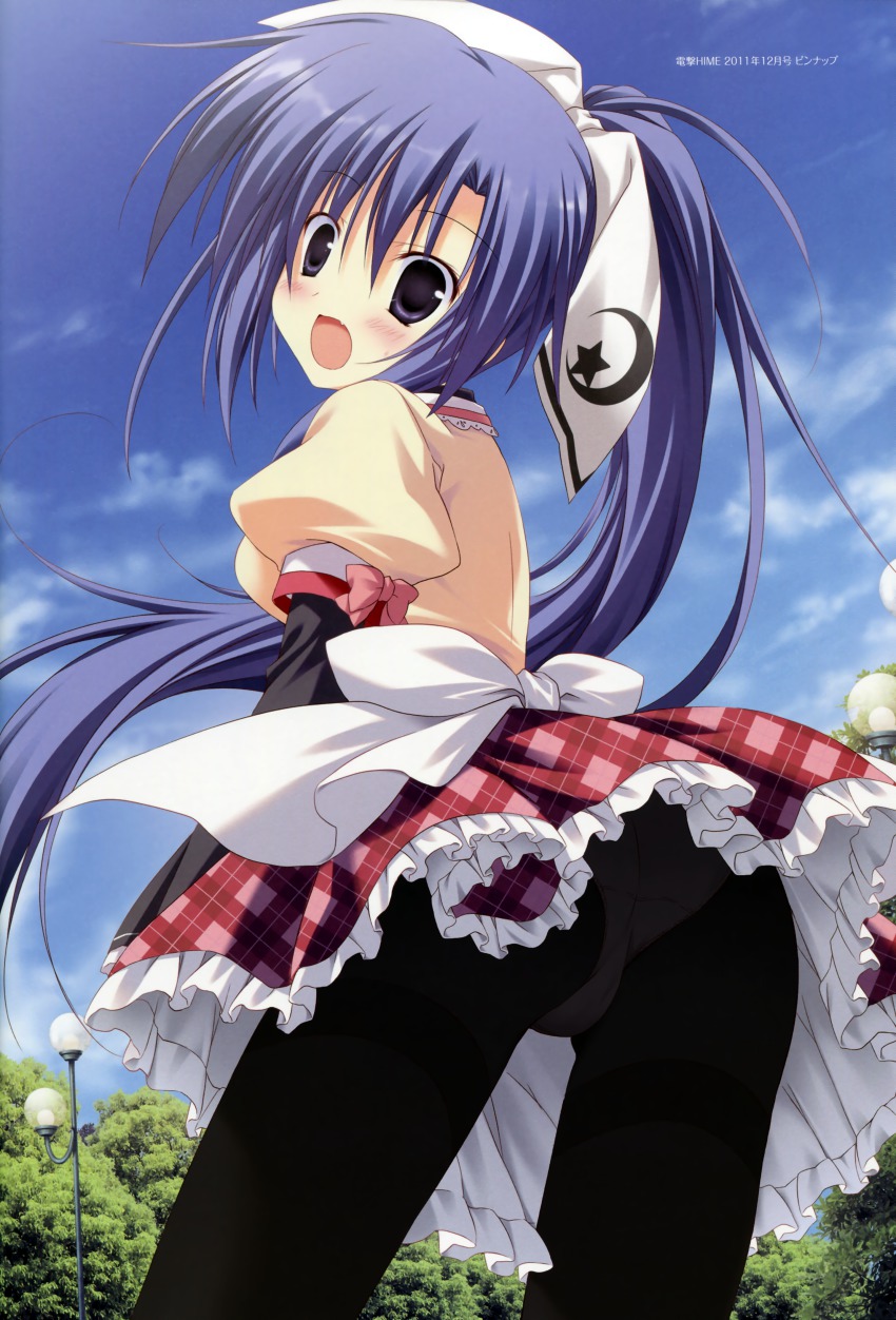 1girl, :d, absurdres, ass, black_pantyhose, blue_hair, blue_sky, blush