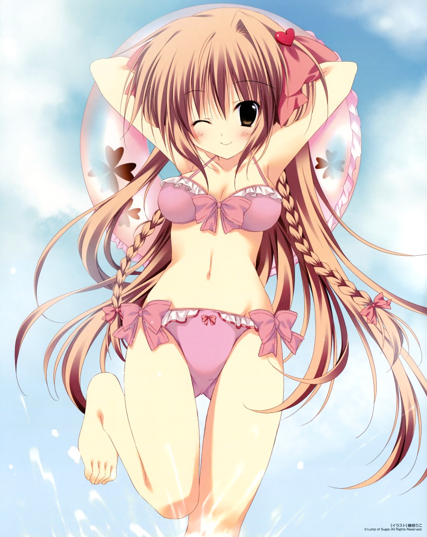 1girl, ;), absurdres, armpits, arms_behind_head, arms_up, barefoot, bikini