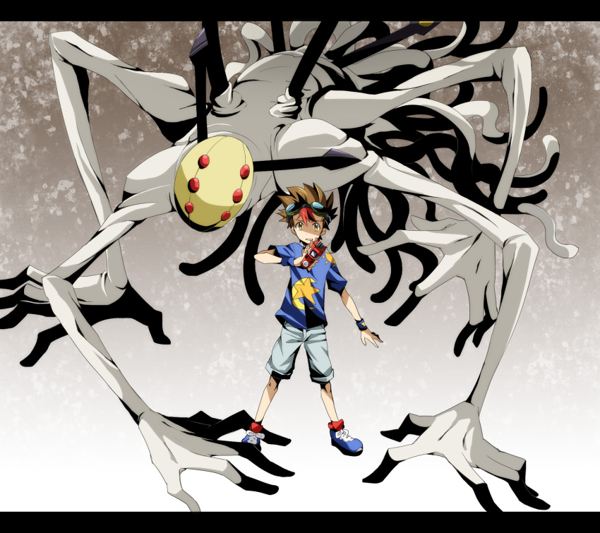1boy, akashi_tagiru, brown_hair, daizu_(npl), digimon, digimon_(creature), digimon_xros_loader, digimon_xros_wars, digimon_xros_wars:_toki_wo_kakeru_shounen_hunter-tachi, digivice, extra_arms, extra_eyes, goggles, goggles_on_head, gradient_background, highres, letterboxed, monster, multi_limb, quartzmon, red_eyes, red_hair, shorts, wristband, yellow_eyes