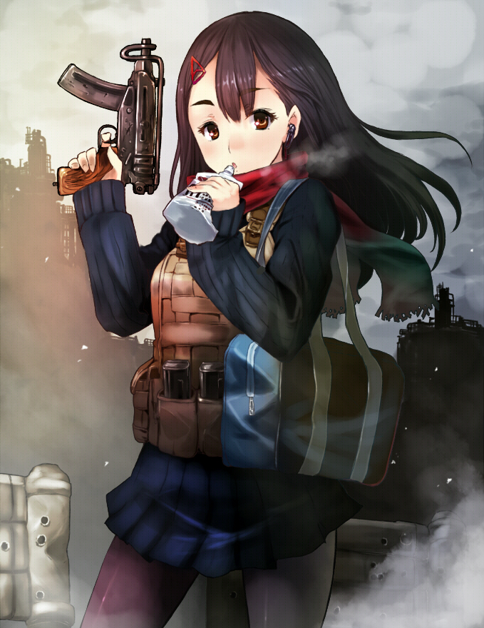 1girl, ammunition_pouch, bag, black_hair, body_armor, brown_eyes, building, drinking