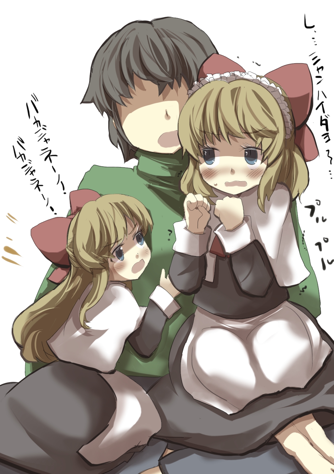 1boy, 2girls, alice_margatroid, blonde_hair, blue_eyes, blush, cosplay, faceless