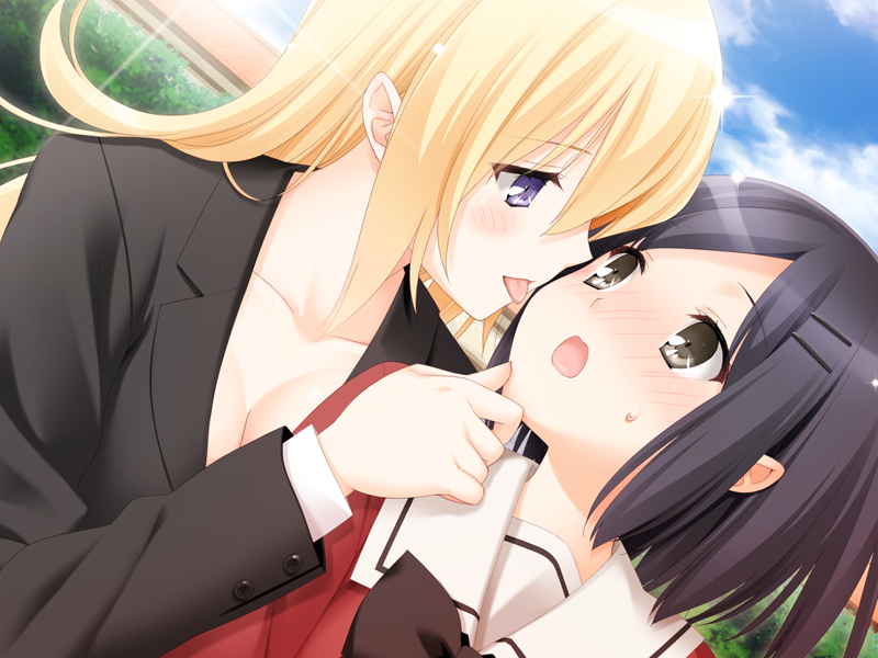 2girls, age_difference, black_eyes, black_hair, blonde_hair, breasts, cleavage, cloud