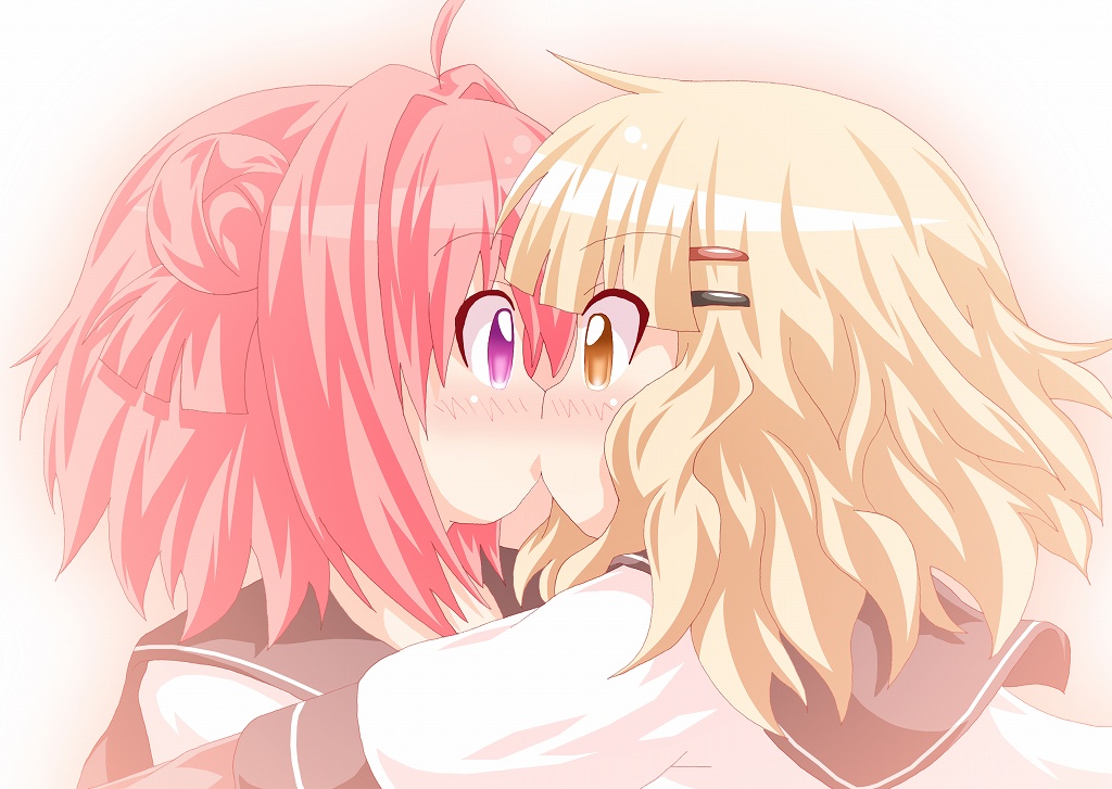 2girls, ahoge, akaza_akari, blonde_hair, blush, brown_eyes, double_bun, dress