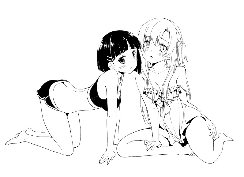 10s, 2girls, asuna_(sao), breasts, butt_crack, cleavage, greyscale, hair_ornament