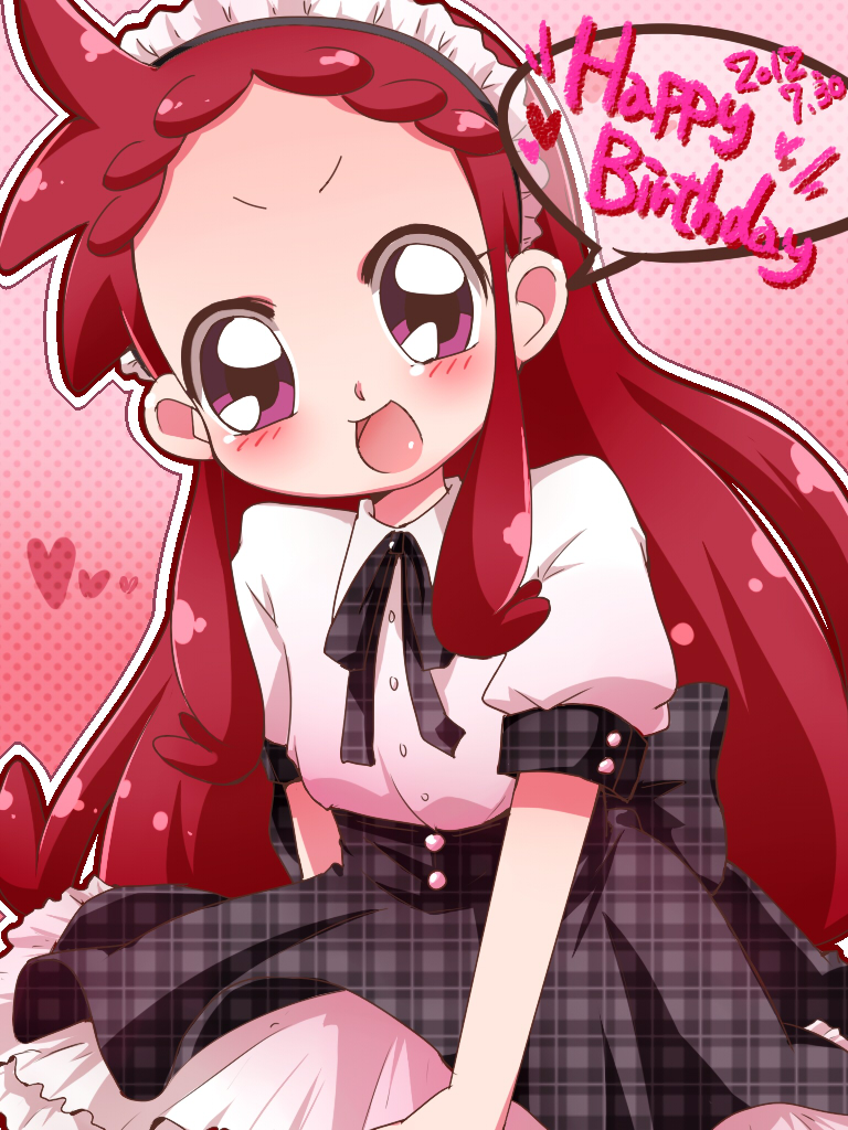 1girl, alternate_hairstyle, bad_id, bad_pixiv_id, female_focus, hair_down, happy_birthday, harukaze_doremi, heart, kawadakawada, long_hair, maid_headdress, official_style, ojamajo_doremi, pink_background, plaid_clothes, plaid_skirt, polka_dot, polka_dot_background, purple_eyes, red_hair, skirt, solo, waitress