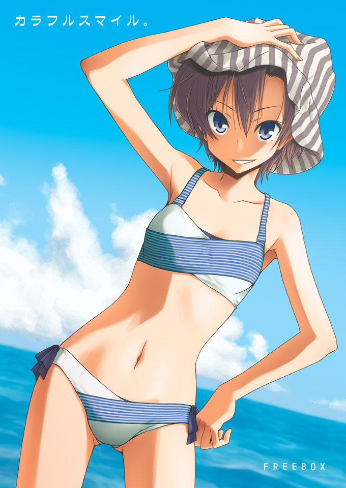 10s, 1girl, bikini, black_hair, blue_eyes, female_focus, hand_on_own_hip, hat, idolmaster, idolmaster_(classic), idolmaster_2, kikuchi_makoto, kikujin, looking_at_viewer, ocean, short_hair, smile, solo, swimsuit