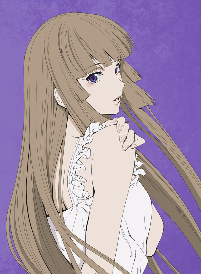 10s, 1girl, brown_hair, dress, female_focus, fuwa_aika, hand_on_own_shoulder, hime_cut