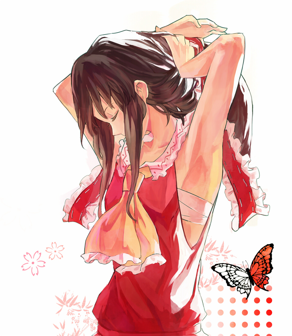 1girl, adjusting_hair, armpits, ascot, brown_hair, bug, butterfly, detached_sleeves