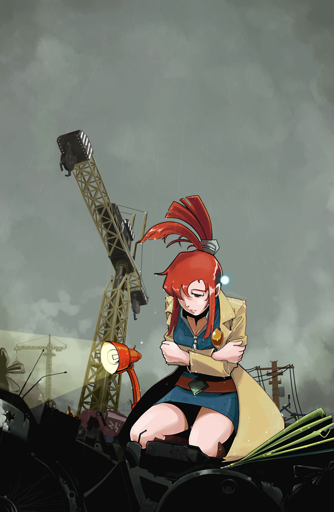 1girl, blue_eyes, broken, chuc, cloud, cloudy_sky, coat, crane_(machine), crossed_arms, female_focus, ghost_trick, graphite_(medium), hair_over_one_eye, junkyard, kneeling, lamp, light, lynne_(ghost_trick), mixed_media, rain, ray_(ghost_trick), red_hair, sky, solo, tired, traditional_media, umbrella, wet