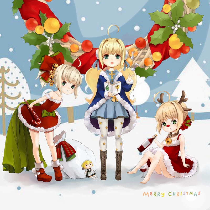 3girls, aged_down, ahoge, alternate_costume, animal_ears, antlers, artoria_pendragon_(fate), bag