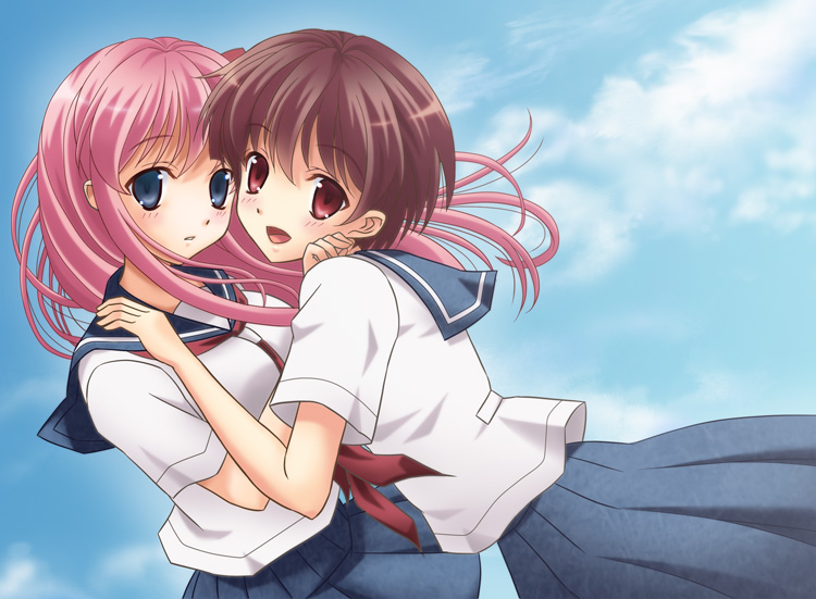 2girls, blue_eyes, blush, brown_eyes, brown_hair, cloud, day, haramura_nodoka