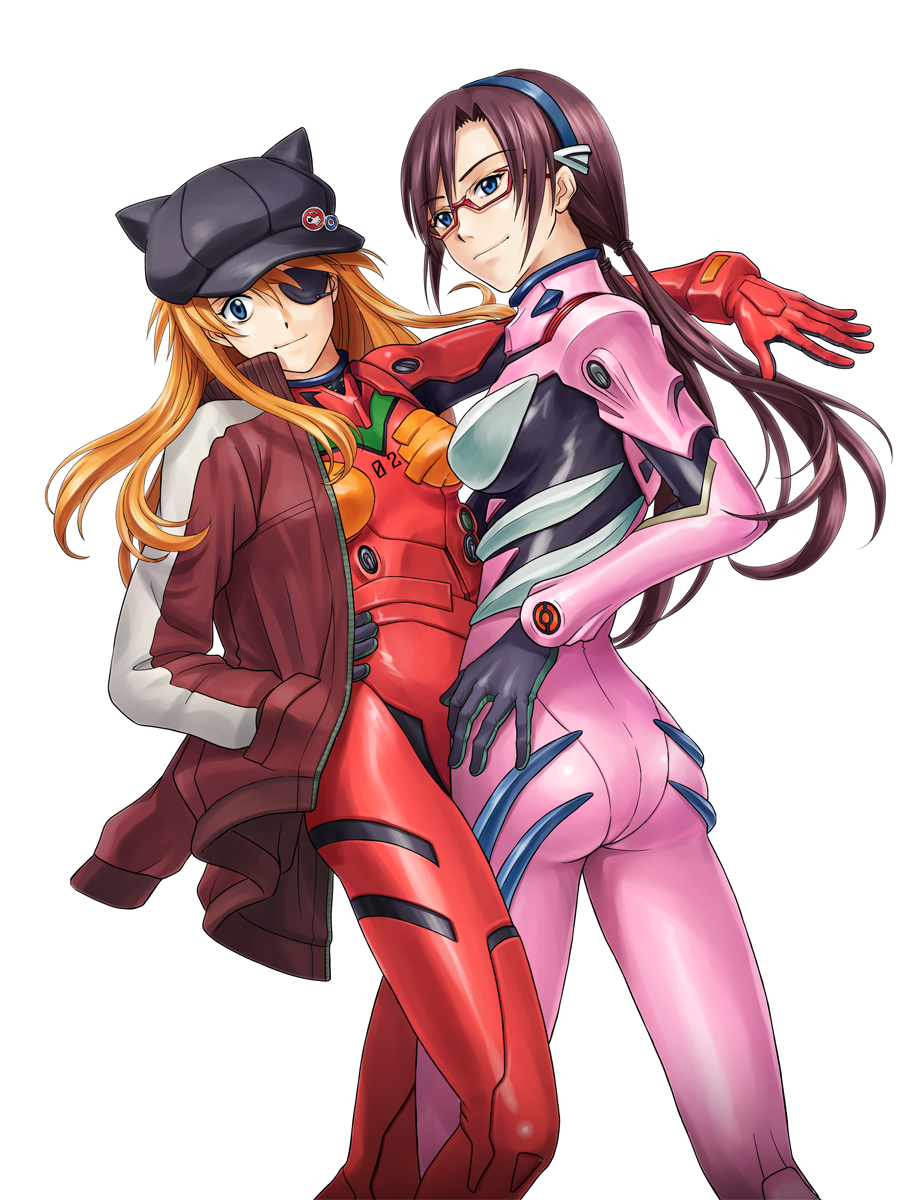 10s, 2girls, animal_hat, ass, b_ribbon, blue_eyes, bodysuit, brown_hair, cat_hat, evangelion:_3.0_you_can_(not)_redo, eyepatch, glasses, hairband, hand_in_pocket, hat, highres, jacket, leg_between_thighs, long_hair, makinami_mari_illustrious, mecha_pilot_suit, multiple_girls, neon_genesis_evangelion, orange_hair, plugsuit_(evangelion), rebuild_of_evangelion, red-framed_eyewear, sbr, semi-rimless_eyewear, simple_background, smile, souryuu_asuka_langley, track_jacket, twintails, under-rim_eyewear, white_background