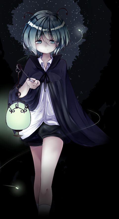 1girl, antennae, dark, female_focus, fireflies, green_eyes, green_hair, lantern