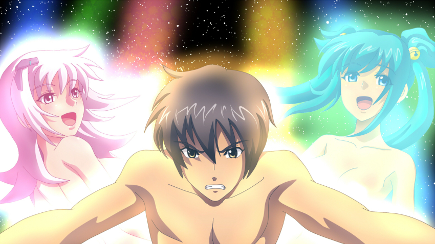 10s, 1boy, 2girls, aquarion_(series), aquarion_evol, brown_hair, cryska_barchenowa, cui_yifei