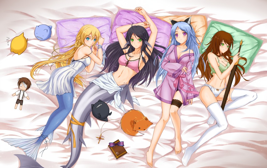 4girls, aqua_eyes, armpits, arms_up, bare_shoulders, bed_sheet, black_hair, blonde_hair