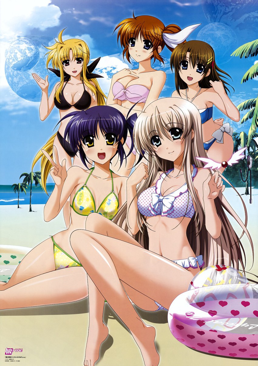 5girls, ball, beach, beachball, bikini, blonde_hair, blue_eyes, blue_hair, breasts, brown_hair, cleavage, fate_testarossa, higa_yukari, highres, innertube, isis_egret, legs, lily-strosek, long_legs, lyrical_nanoha, mahou_senki_lyrical_nanoha_force, medium_breasts, multiple_girls, non-web_source, nyantype, ocean, official_art, polka_dot, polka_dot_bikini, polka_dot_swimsuit, raising_heart, raising_heart_(standby_mode), sand, side_ponytail, steed, steed_(nanoha), swim_ring, swimsuit, takamachi_nanoha, thighs, yagami_hayate, yellow_eyes