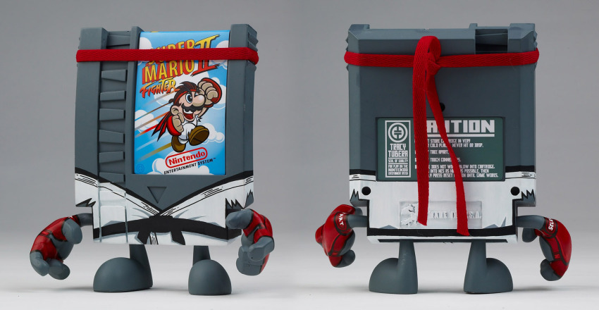 belt, black_belt, capcom, cartridge, cosplay, dougi, fingerless_gloves, gloves, headband, mario, mario_(series), martial_arts_belt, nes_cartridge, nintendo, parody, red_gloves, ryu_(street_fighter), ryu_(street_fighter)_(cosplay), shirt, street_fighter, super_mario_bros._1, white_shirt