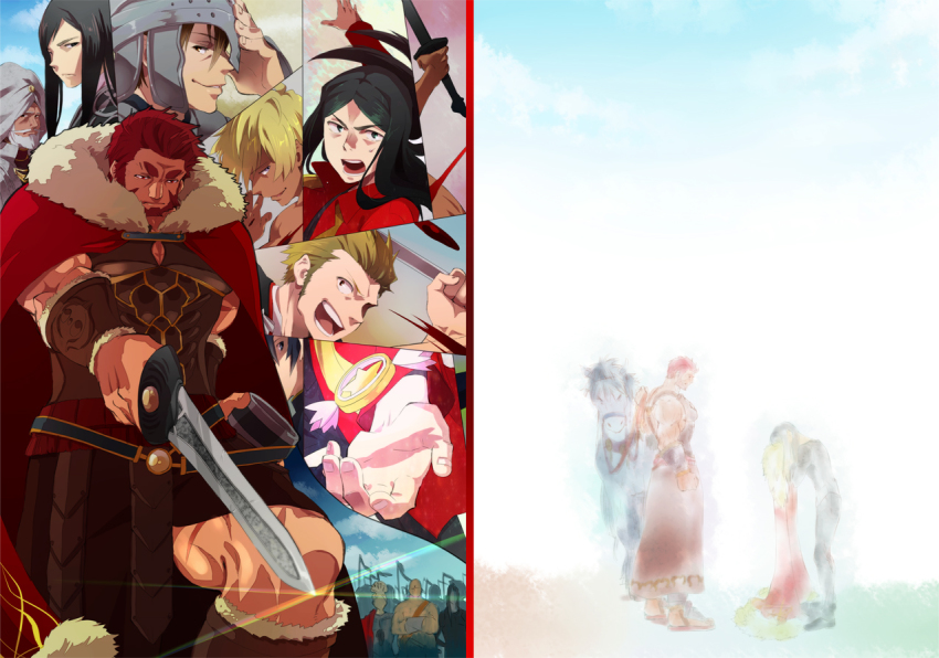 bad_id, bad_pixiv_id, beard, black_hair, blonde_hair, cape, crying, facial_hair