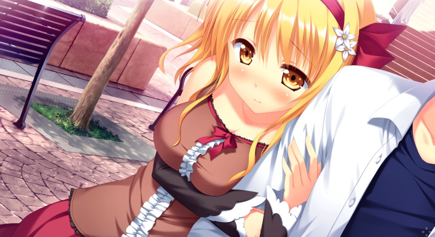 1boy, 1girl, holding_another's_arm, bare_shoulders, bench, blonde_hair, blush, casual