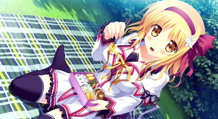 1girl, bento, black_thighhighs, blonde_hair, blush, chopsticks, dutch_angle, female_focus