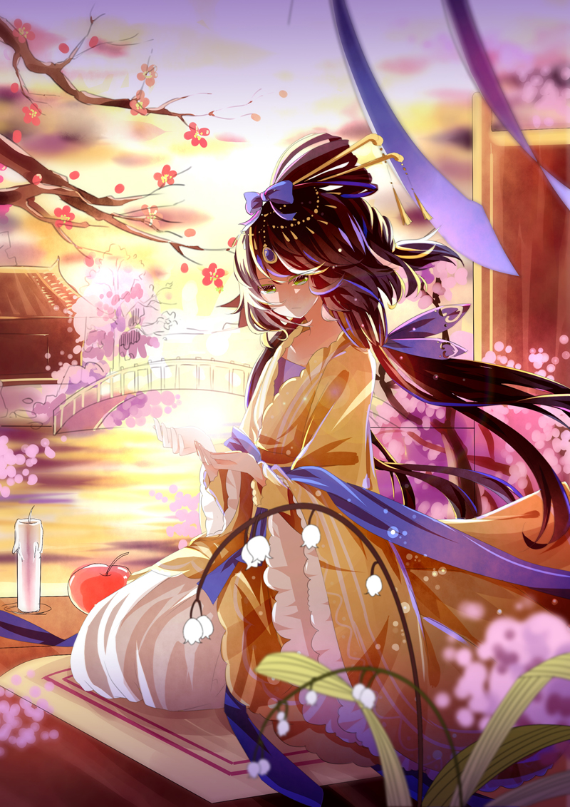1girl, apple, bad_id, bad_pixiv_id, bridge, candle, cherry_blossoms, chinese_clothes, female_focus, flower, food, fruit, hanfu, luo_tianyi, solo, vocaloid, vsinger_(vocaloid), xiao_guiling