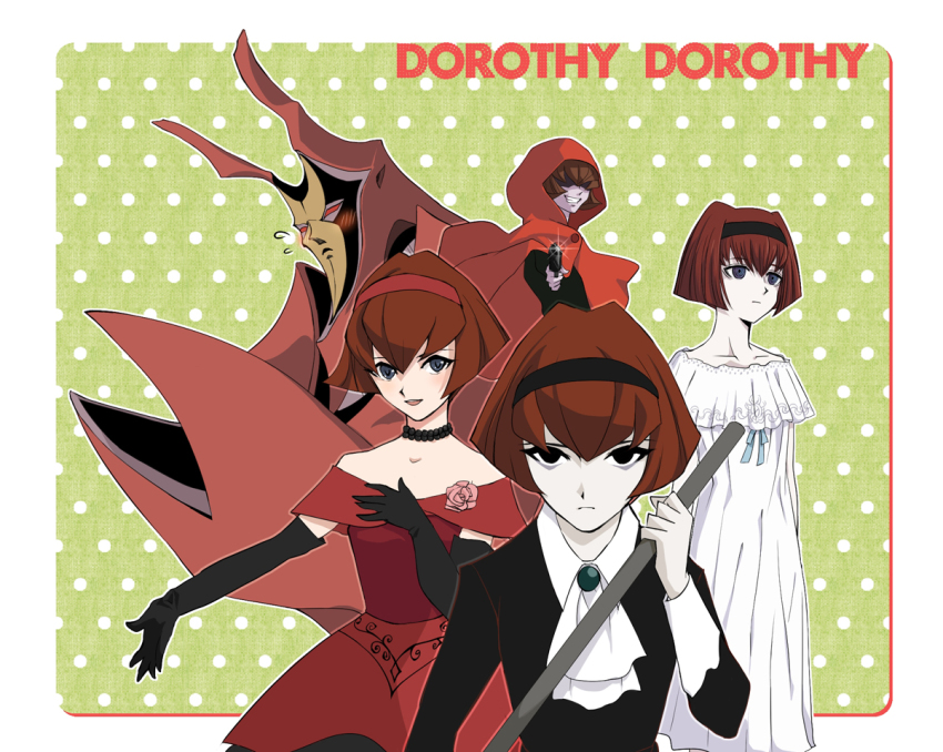 4girls, ascot, black_eyes, black_gloves, blue_eyes, brown_hair, buizelbuibui, cloak